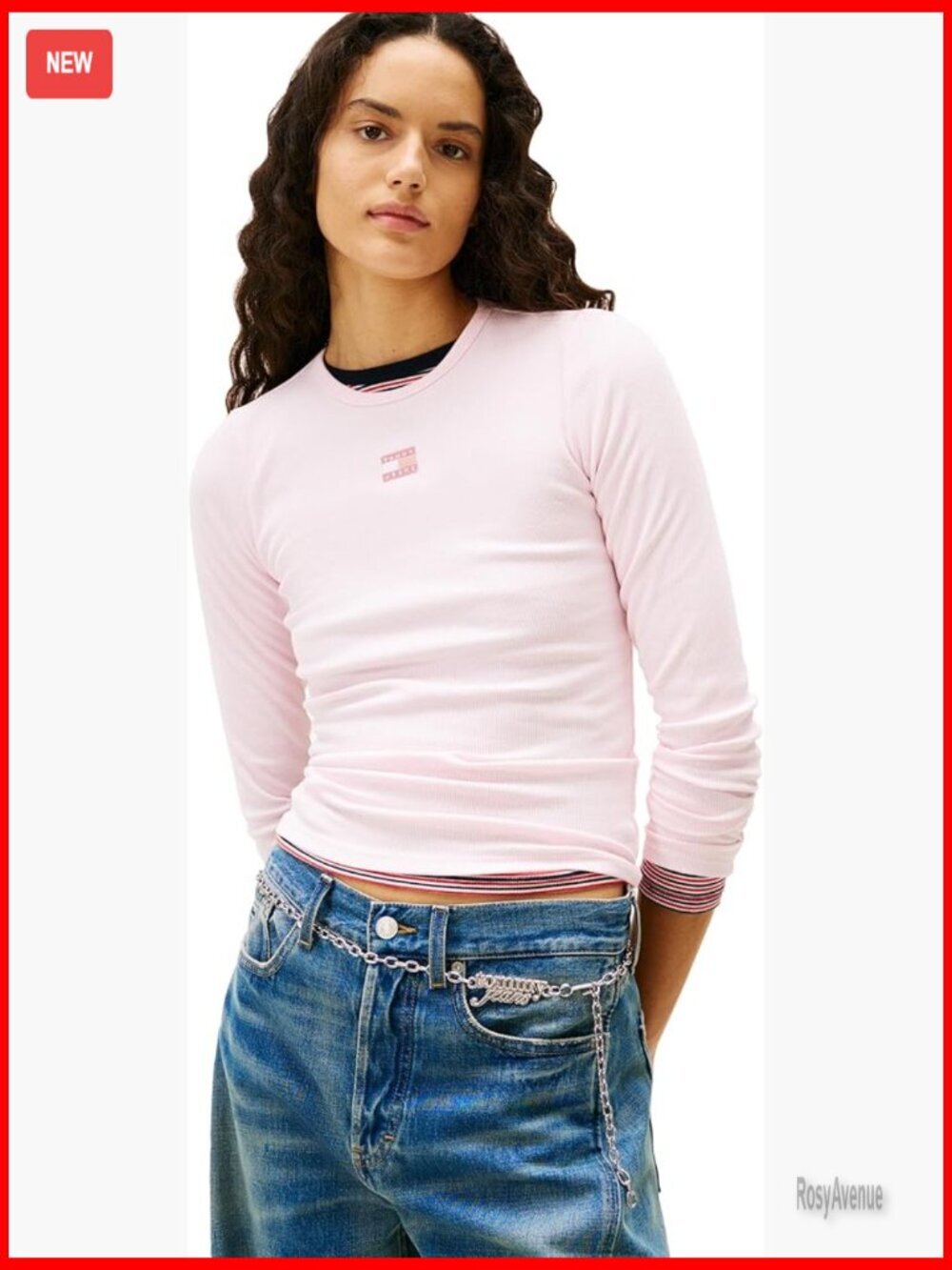 Long Sleeve Ribbed Graphic Tee with Embroidered Flag Detail Slim Fit
